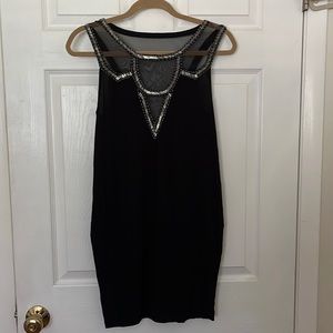 GRASS COLLECTION black mini dress, beaded, mesh insert, LBD, large.
